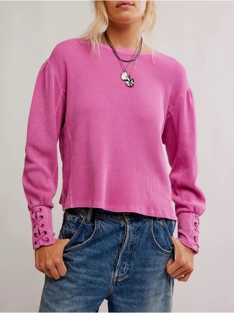 We The Free Pink Lace-Up Cuff Long-Sleeve Top